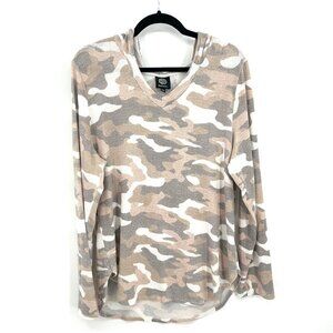 BOBEAU Brown Camo Lightweight Long Sleeve V-Neck Hoodie Sweatshirt Size XL